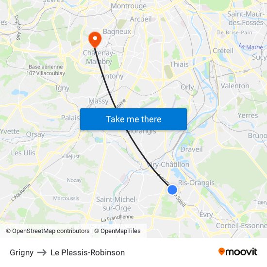 Grigny to Le Plessis-Robinson map