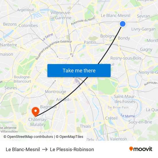 Le Blanc-Mesnil to Le Plessis-Robinson map