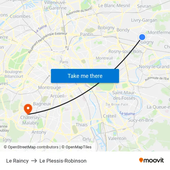 Le Raincy to Le Plessis-Robinson map