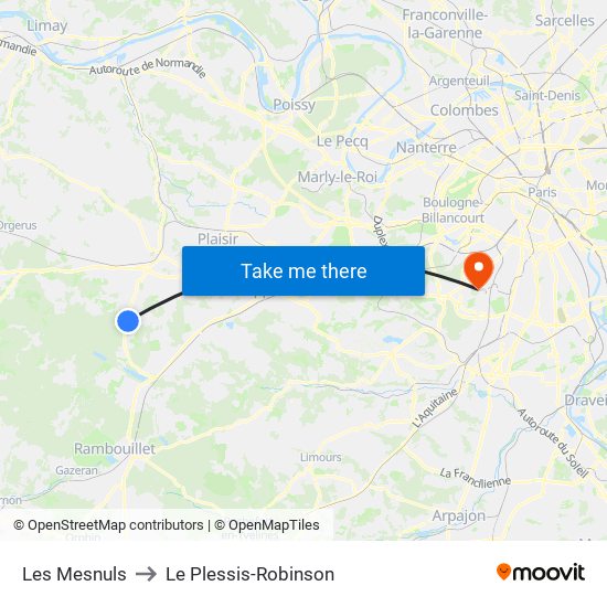 Les Mesnuls to Le Plessis-Robinson map