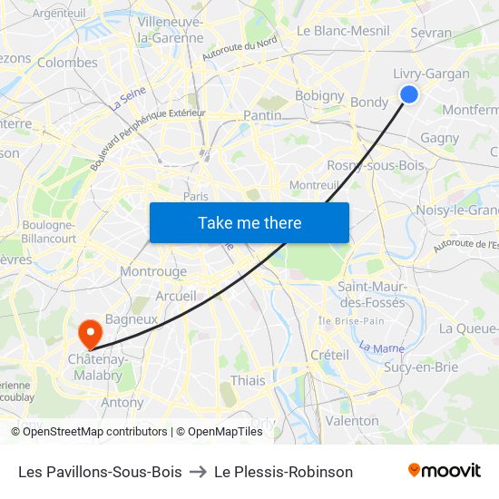 Les Pavillons-Sous-Bois to Le Plessis-Robinson map