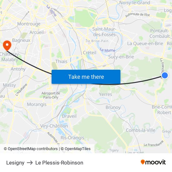 Lesigny to Le Plessis-Robinson map