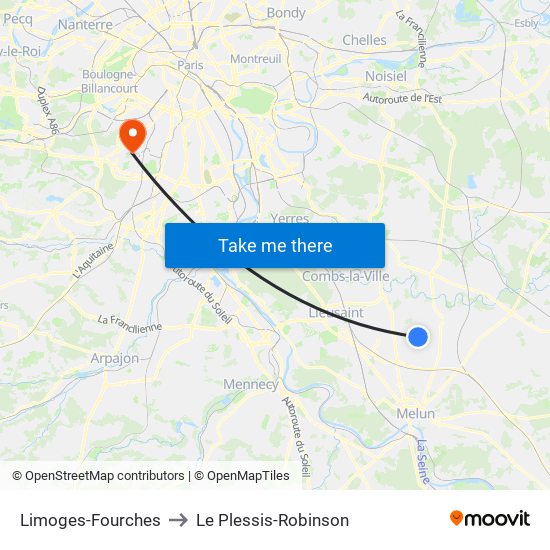 Limoges-Fourches to Le Plessis-Robinson map