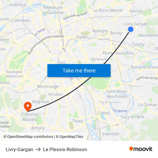 Livry-Gargan to Le Plessis-Robinson map