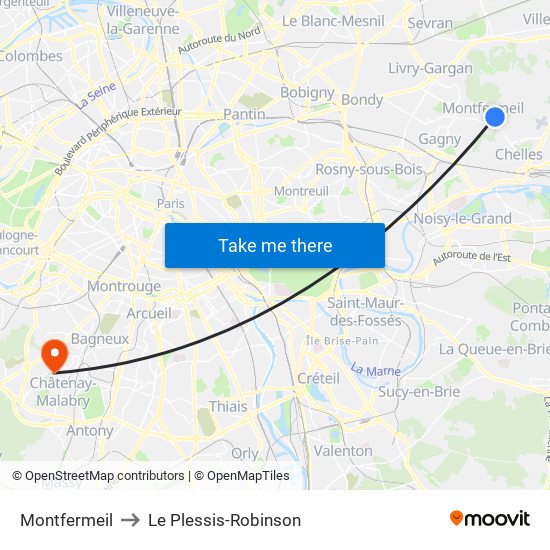 Montfermeil to Le Plessis-Robinson map