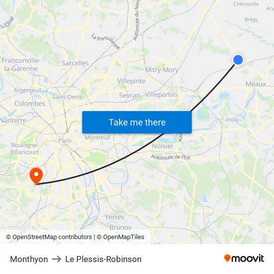 Monthyon to Le Plessis-Robinson map