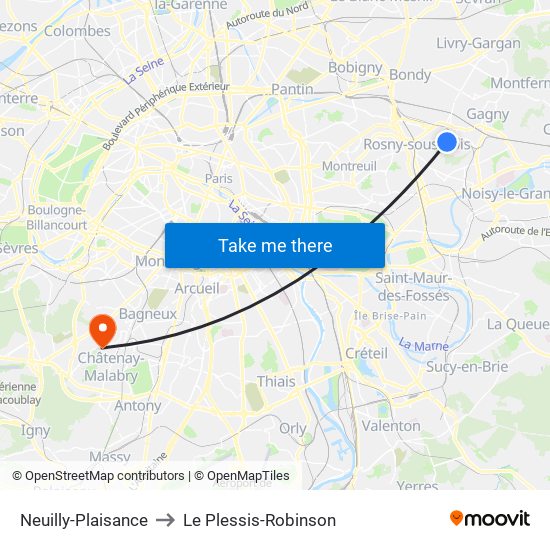 Neuilly-Plaisance to Le Plessis-Robinson map