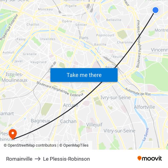 Romainville to Le Plessis-Robinson map