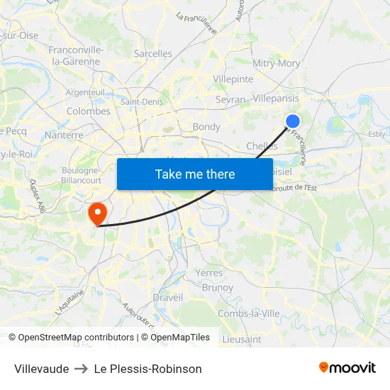 Villevaude to Le Plessis-Robinson map