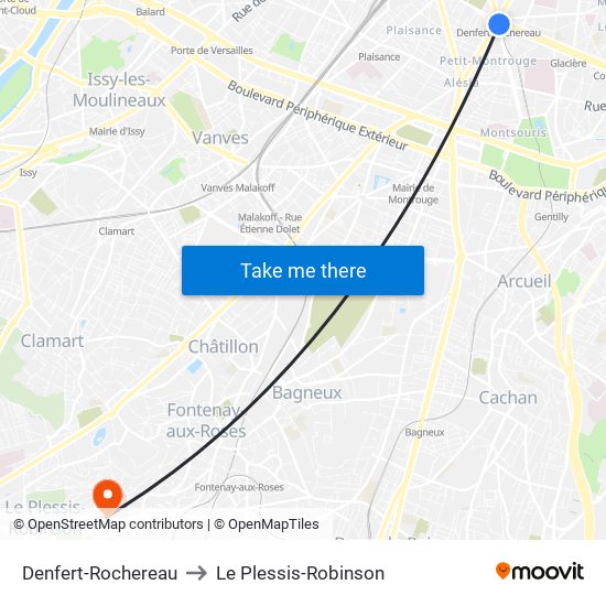Denfert-Rochereau to Le Plessis-Robinson map