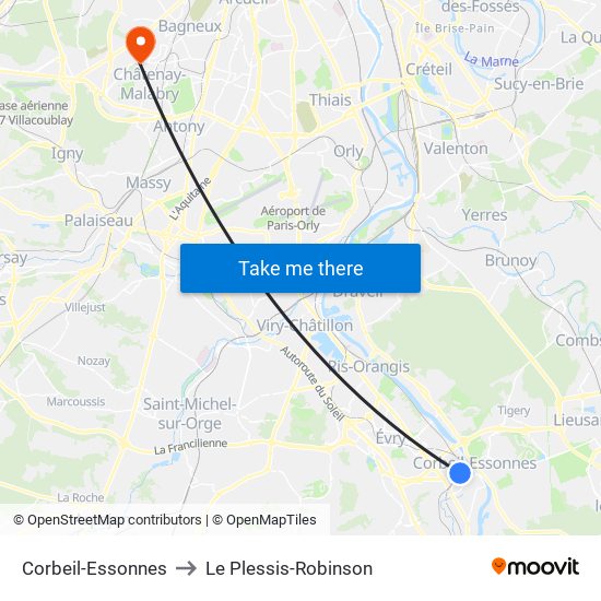 Corbeil-Essonnes to Le Plessis-Robinson map