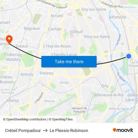 Créteil Pompadour to Le Plessis-Robinson map