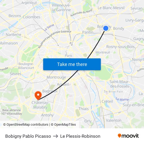 Bobigny Pablo Picasso to Le Plessis-Robinson map
