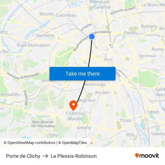 Porte de Clichy to Le Plessis-Robinson map