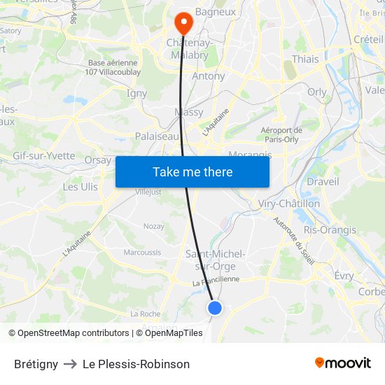 Brétigny to Le Plessis-Robinson map