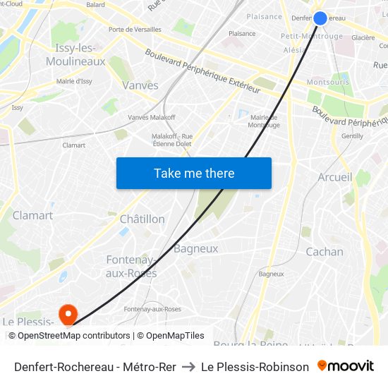 Denfert-Rochereau - Métro-Rer to Le Plessis-Robinson map