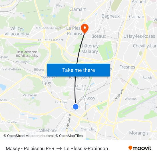 Massy - Palaiseau RER to Le Plessis-Robinson map