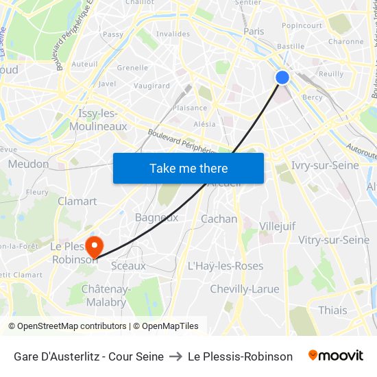 Gare D'Austerlitz - Cour Seine to Le Plessis-Robinson map