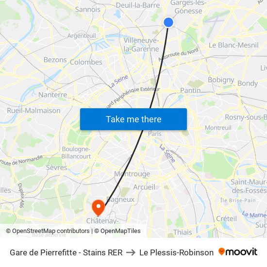 Gare de Pierrefitte - Stains RER to Le Plessis-Robinson map