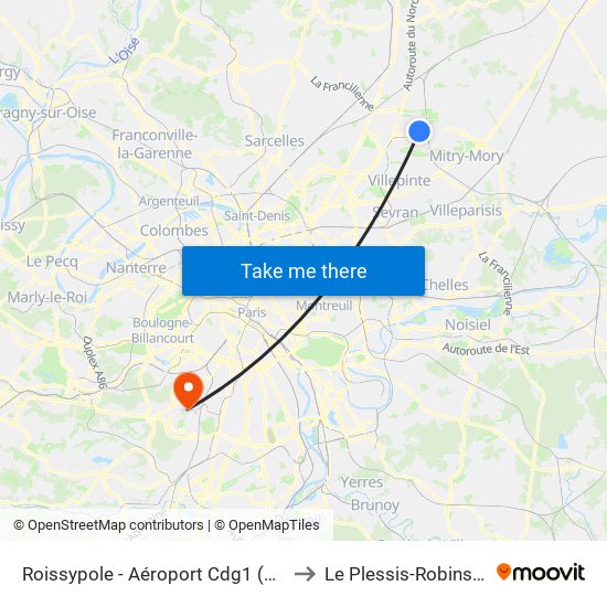 Roissypole - Aéroport Cdg1 (D1) to Le Plessis-Robinson map