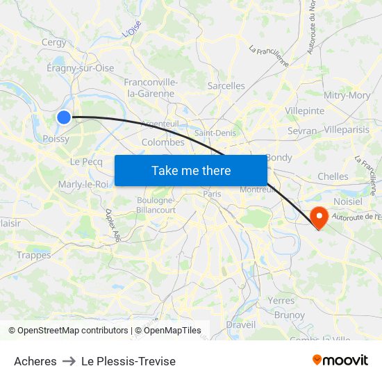 Acheres to Le Plessis-Trevise map