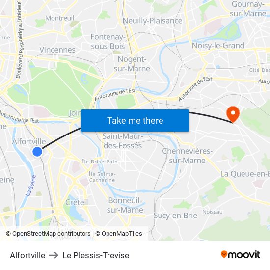 Alfortville to Le Plessis-Trevise map