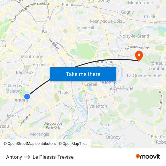Antony to Le Plessis-Trevise map