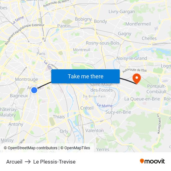 Arcueil to Le Plessis-Trevise map