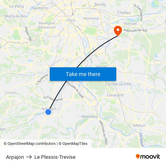 Arpajon to Le Plessis-Trevise map