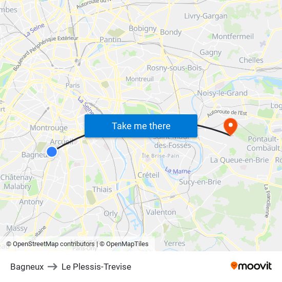 Bagneux to Le Plessis-Trevise map