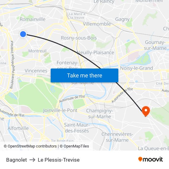 Bagnolet to Le Plessis-Trevise map