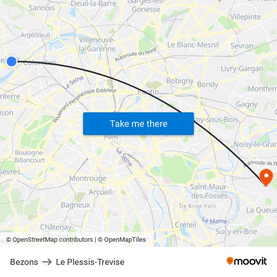 Bezons to Le Plessis-Trevise map
