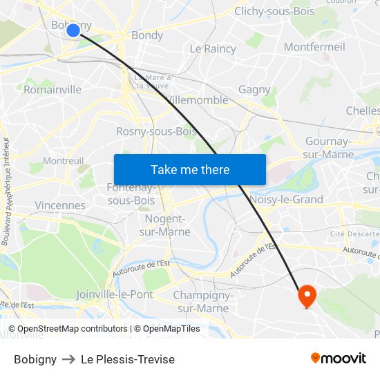 Bobigny to Le Plessis-Trevise map