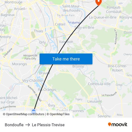 Bondoufle to Le Plessis-Trevise map