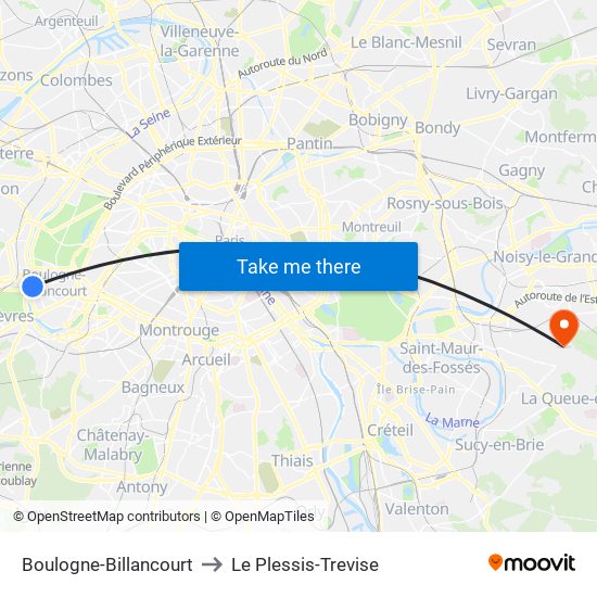 Boulogne-Billancourt to Le Plessis-Trevise map