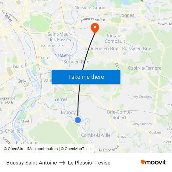 Boussy-Saint-Antoine to Le Plessis-Trevise map