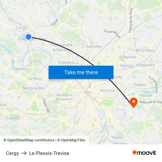 Cergy to Le Plessis-Trevise map