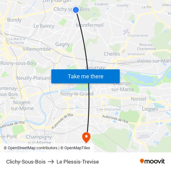 Clichy-Sous-Bois to Le Plessis-Trevise map