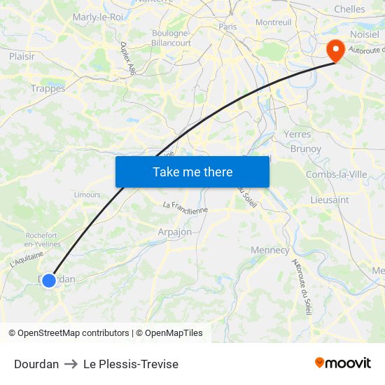 Dourdan to Le Plessis-Trevise map