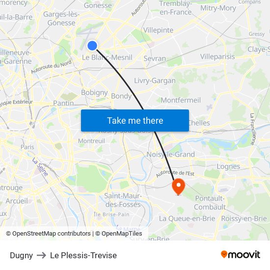 Dugny to Le Plessis-Trevise map
