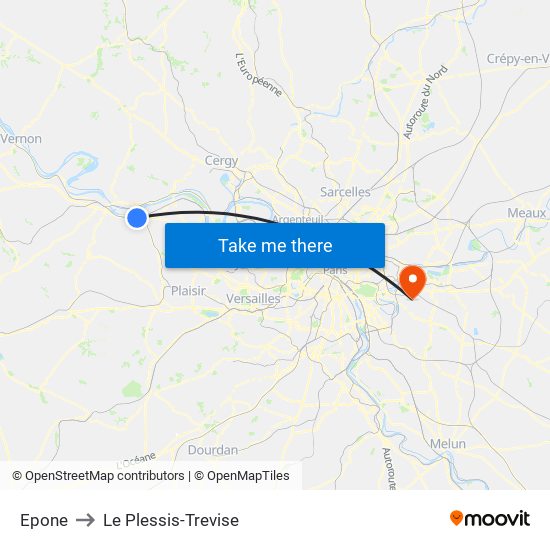 Epone to Le Plessis-Trevise map