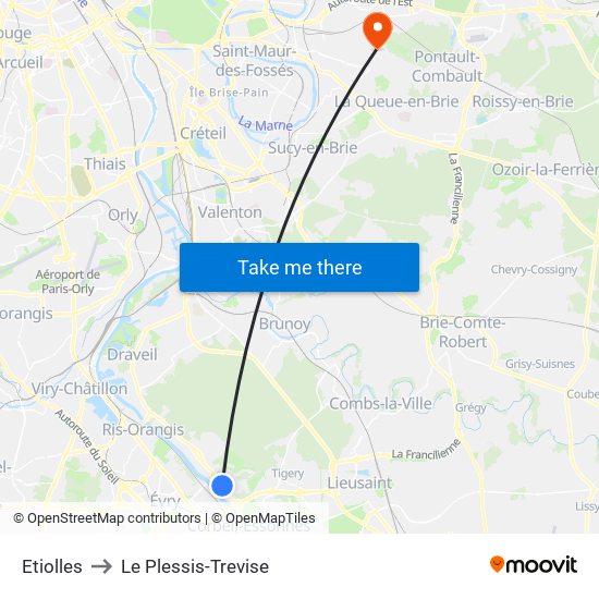 Etiolles to Le Plessis-Trevise map