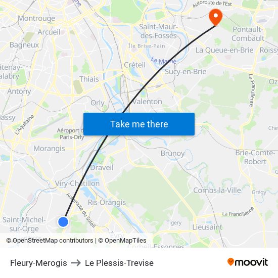 Fleury-Merogis to Le Plessis-Trevise map