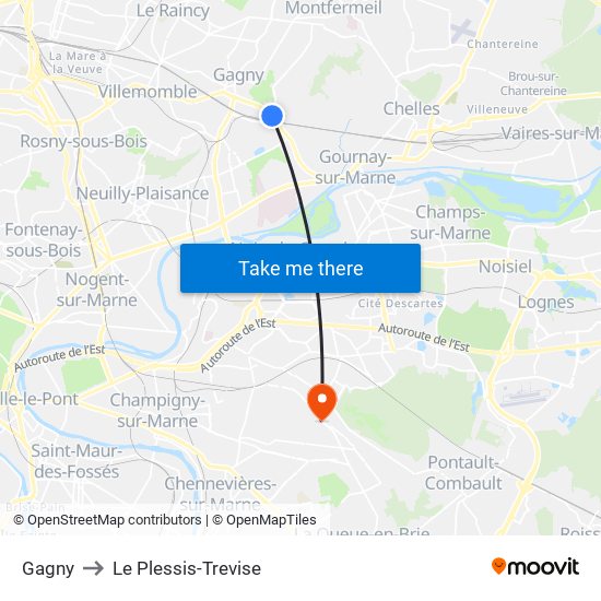 Gagny to Le Plessis-Trevise map