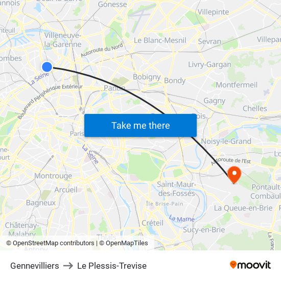 Gennevilliers to Le Plessis-Trevise map