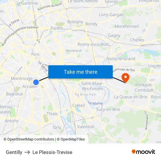 Gentilly to Le Plessis-Trevise map