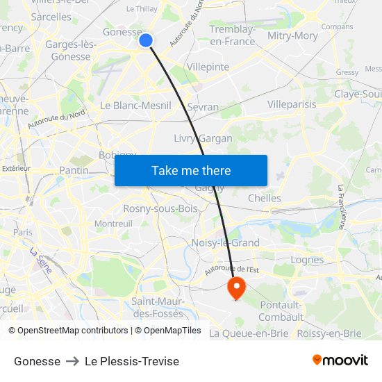 Gonesse to Le Plessis-Trevise map