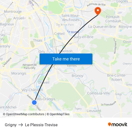 Grigny to Le Plessis-Trevise map