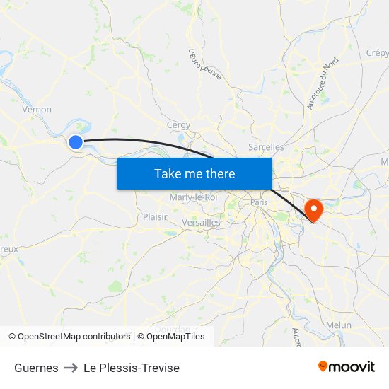 Guernes to Le Plessis-Trevise map