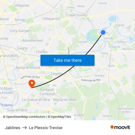 Jablines to Le Plessis-Trevise map